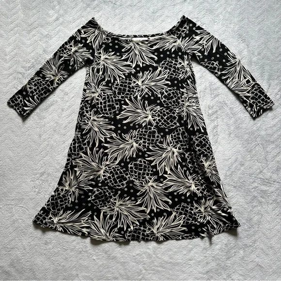 Ava Sky Hawaii Pineapple Print Boat Neck‎ Dress Black/Off-White Size XS - Picture 2 of 9